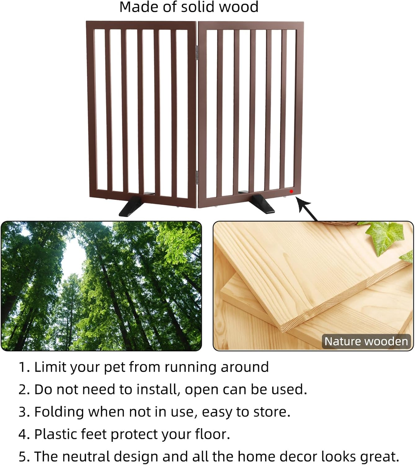 ZJSF Freestanding Indoor Dog Gate for House Foldable Wood Puppy Gate for Doorways Pet Gate for Stairs Extra Wide Pet Fence, Brown, 24" Height 3 Panels