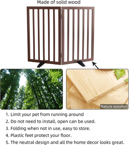 ZJSF Freestanding Indoor Dog Gate for House Foldable Wood Puppy Gate for Doorways Pet Gate for Stairs Extra Wide Pet Fence, Brown, 24" Height 3 Panels