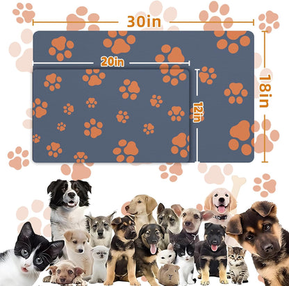 18"×30" Dog Food Mat-Absorbent Dog Mat for Food and Water, No Stains Quick Dry Cat Food Bowl Mat with Footprints for Messy Drinkers,Dark Grey