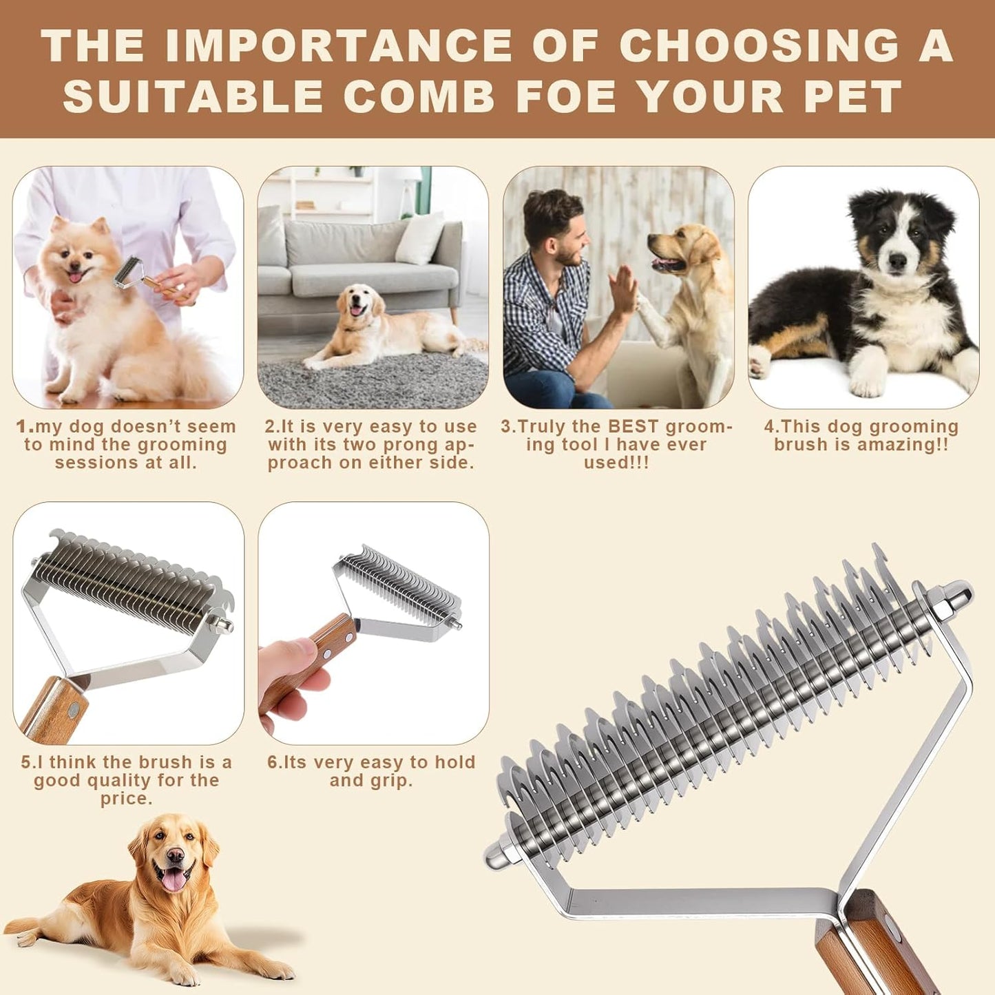 Extra Large 2-Sided Wooden Pet Comb for Dogs & Cats - Professional Deshedding & Dematting Tool, Undercoat Rake for Long & Short Hair, Natural Grooming Brush for Shedding Control