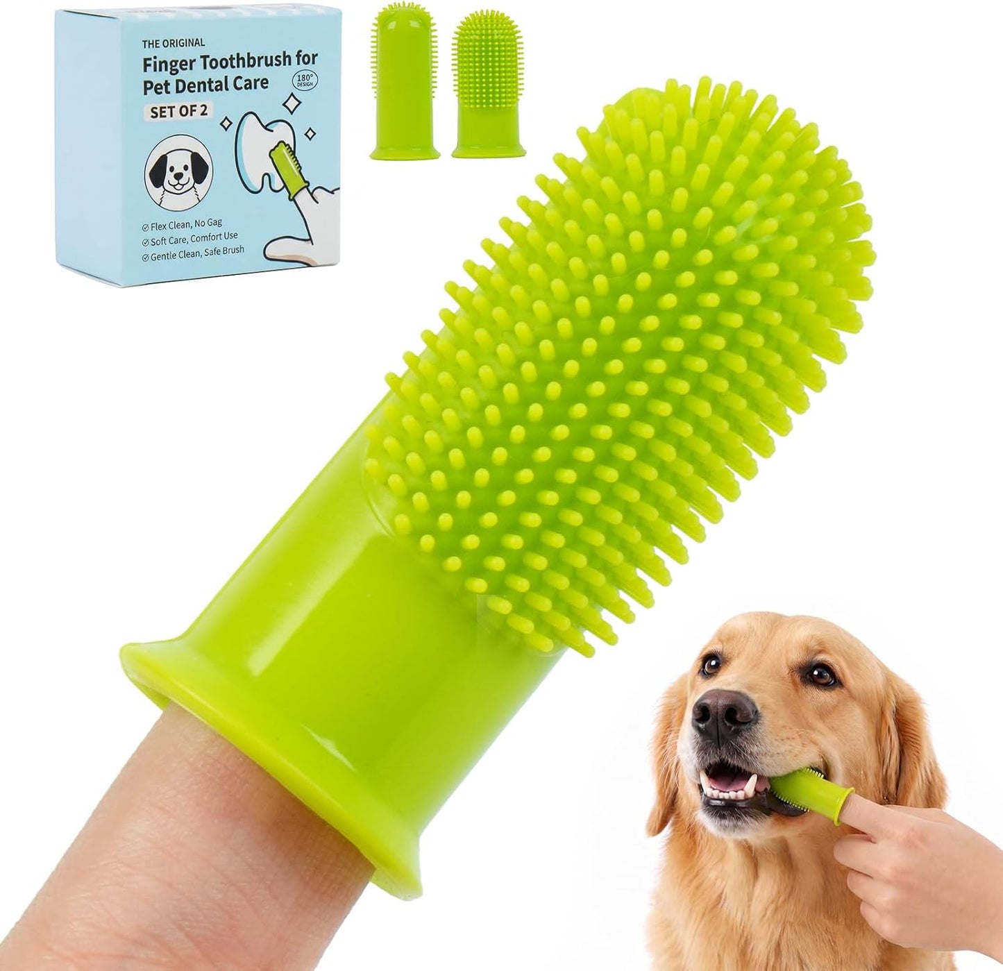 2-Pack Dog Finger Toothbrush, 180° Finger Toothbrush for Dogs Silicone, Dog Toothbrush for Teeth Cleaning & Dental Care, Dog Tooth Brushing Kit for Medium & Large Pets