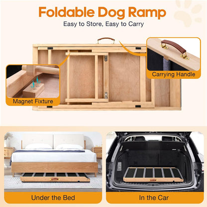 Dog Ramp for Bed - Extra Wide 17’’, Non-Slip Rubber Surface Excellent Traction, Pet Ramp for Small Large Dogs to Get on High Couch Car, Hold up to 200lb, Adjustable, Foldable