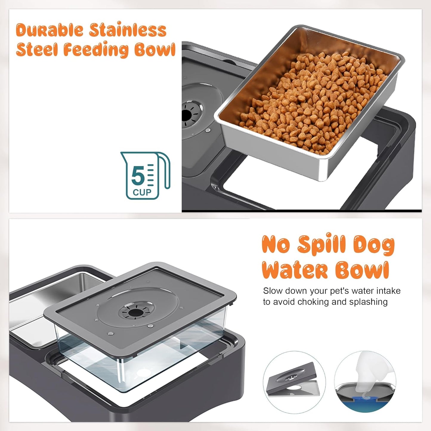 Decflow 3-in-1 Elevated Dog Bowls, 4 Height Adjustable Raised with Stainless Steel, Slow Feeder, No Spill Water Bowl, DIY Stickers Foldable Pet Bowl for Medium Large Dogs