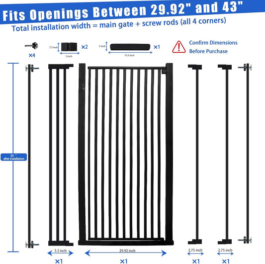 SHYUJAJIE 55 Inch Extra Tall Pet Gate for Cats,29.92"-43" Adjustable Wide Dog Gates,Pressure Mounted Walk Through Tall Pets Gate for Doorways,Hallway,Stairs(Black)