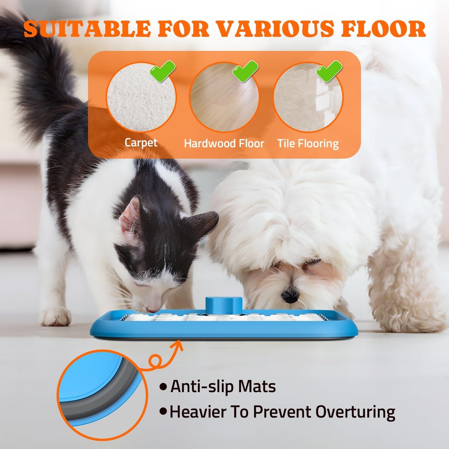 Lick Mat for Dogs & Cats, Stainless Steel Pet Slow Feeder for Crate Boredom & Anxiety Reduce, Cat Licking Pads with Spatula & Scrubbing Brush, Blue