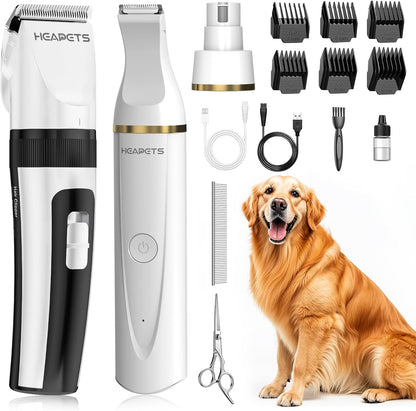 HEAPETS Dog Hair Clippers for Grooming Kit and Dog Paw Trimmer Nail Grinder for Grooming, Low Noise Rechargeable Cordless, Shaver Grooming Supplies for Pet Cats Dogs (Black, White)