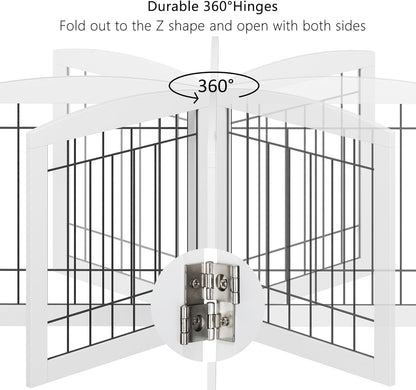 PAWLAND Free Standing Dog Gates for The House Stairs Doorways Indoor Foldable Wooden Small White Puppy Pet Gate Step Over Fence 60" W 24" H 3 Panels