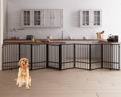 4 Panels Full Metal Freestanding Dog Gates with Door, 80” W x 32” H Folding Pet Gate Fence with Support Feet for Indoor,Stairs, Hallways and Doorways(Black)