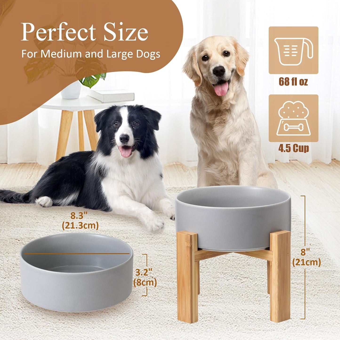 Elevated Ceramic Cat Bowl - Cat Food Bowl with Bamboo Stand - Raised Dog Dish for Puppies - Anti Vomiting, Stress Free - 13.5 oz / 400 ml - White