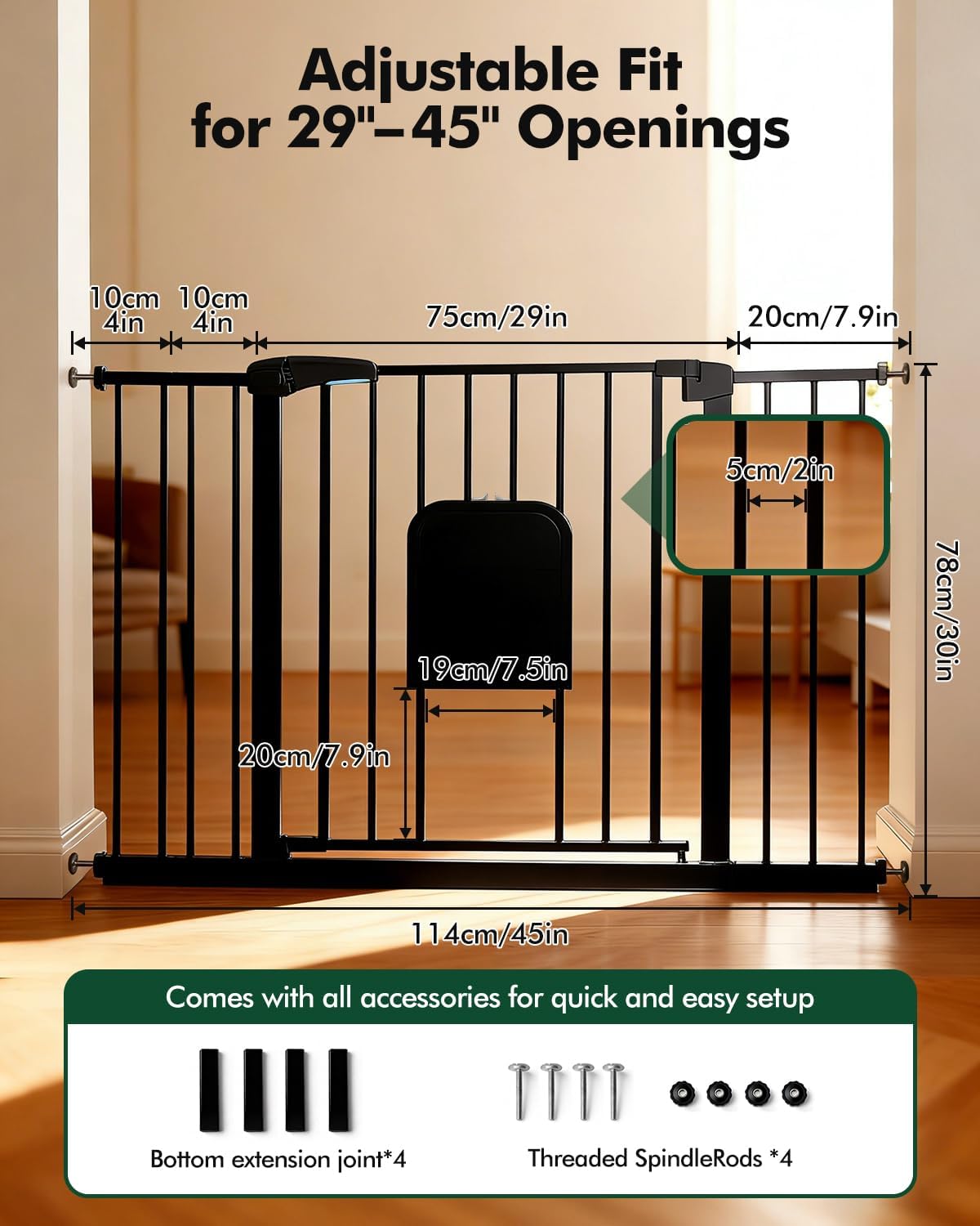 Pet Gate with Adjustable Cat Door, 31–46 Inch Pressure Mounted Dog Gate for Doorways, Stairs and Hallways, Auto Close Walk Through Metal Safety Gate, Easy Install, White