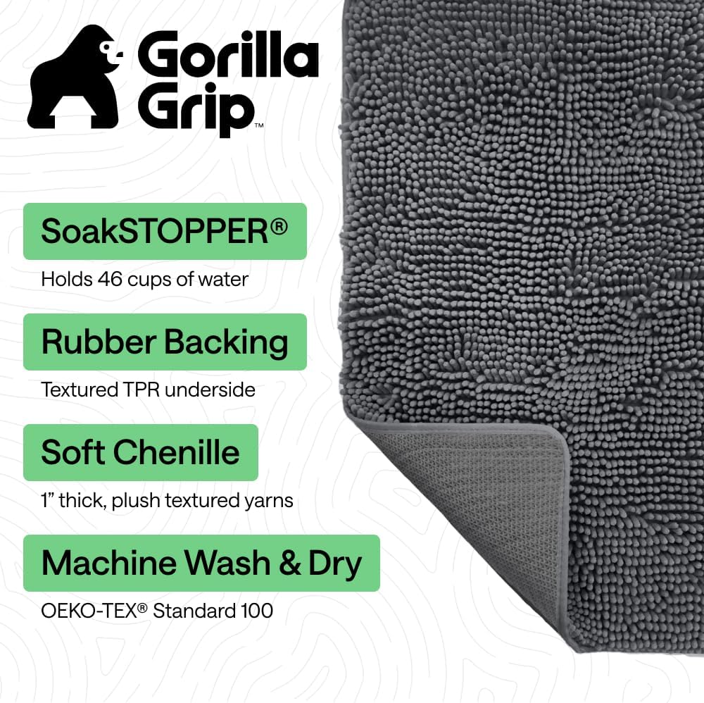 GORILLA GRIP SoakSTOPPER Dog Door Mat, 30x20 Machine Washable Rug Absorbent Doormat Captures Moisture Mud Dirt, Quick Dry Soft Chenille Entryway Rugs Indoor Entrance Mats for Dog Paws, Paw Grey