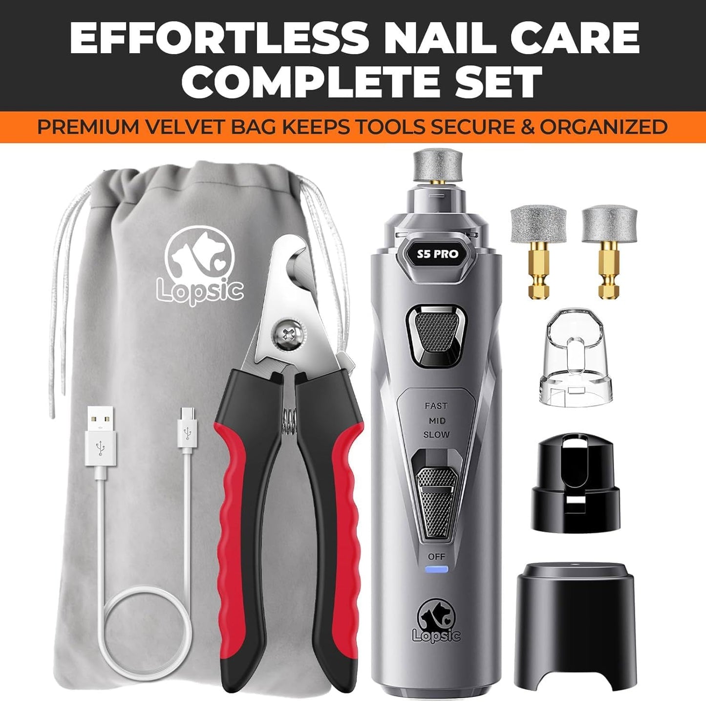 Whisper Quiet Dog Nail Grinder with 4 LED Lights, Safe & Stress-Free for Sensitive Dogs Cats of All Breeds & Sizes, 3 Grinding Bits, 3-Speed, Pet Nail Trimmers, Rechargeable Painless Grooming Kit