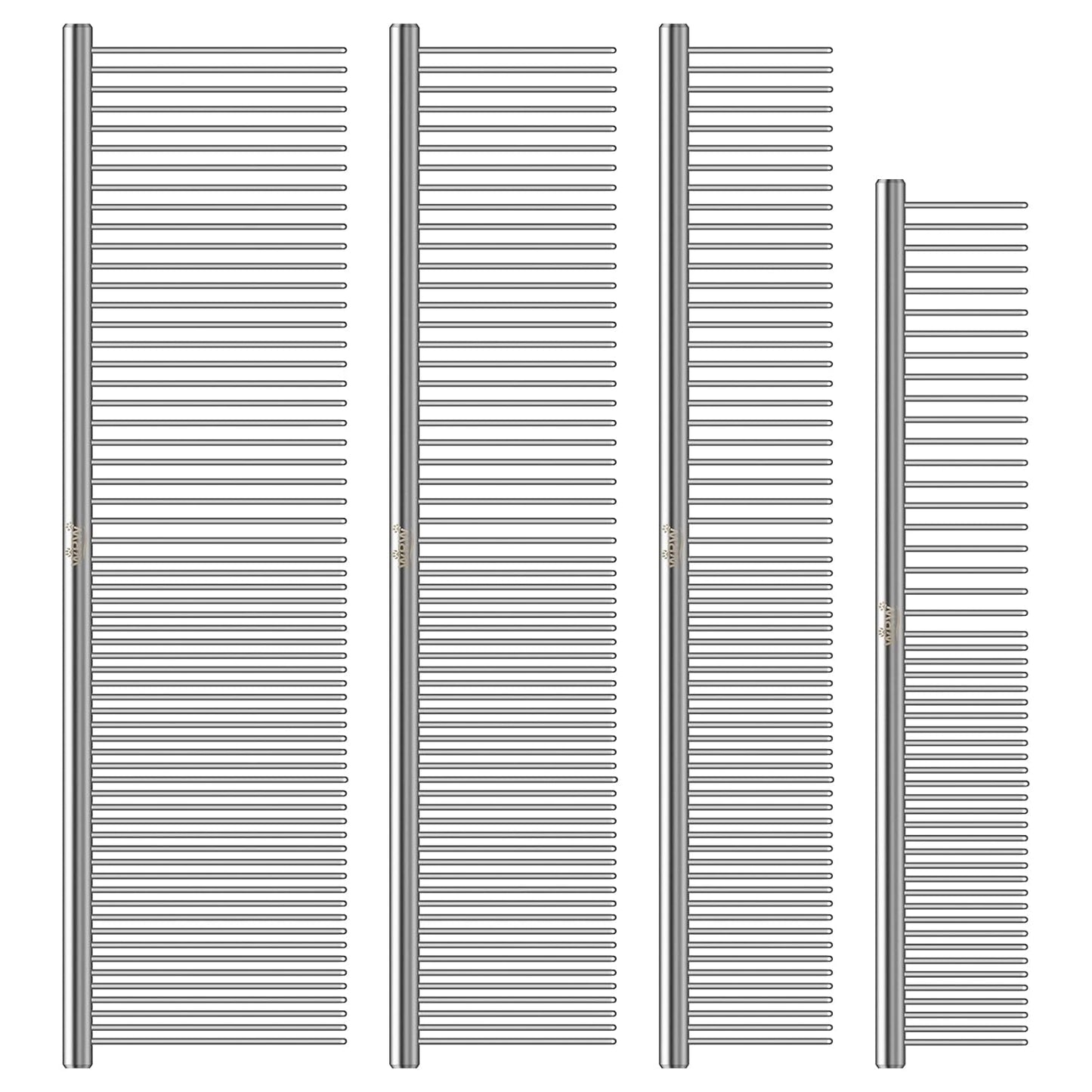 WRW Stainless Steel Dog Combs [4 Pcs], Groom Like a Professional, Coarse Pet Butter Comb for Dog ＆ Cat, Rounded Corners Prevent Friction and Breakage, 4 Sizes of Steel Teeth Fit Most Pet Fur