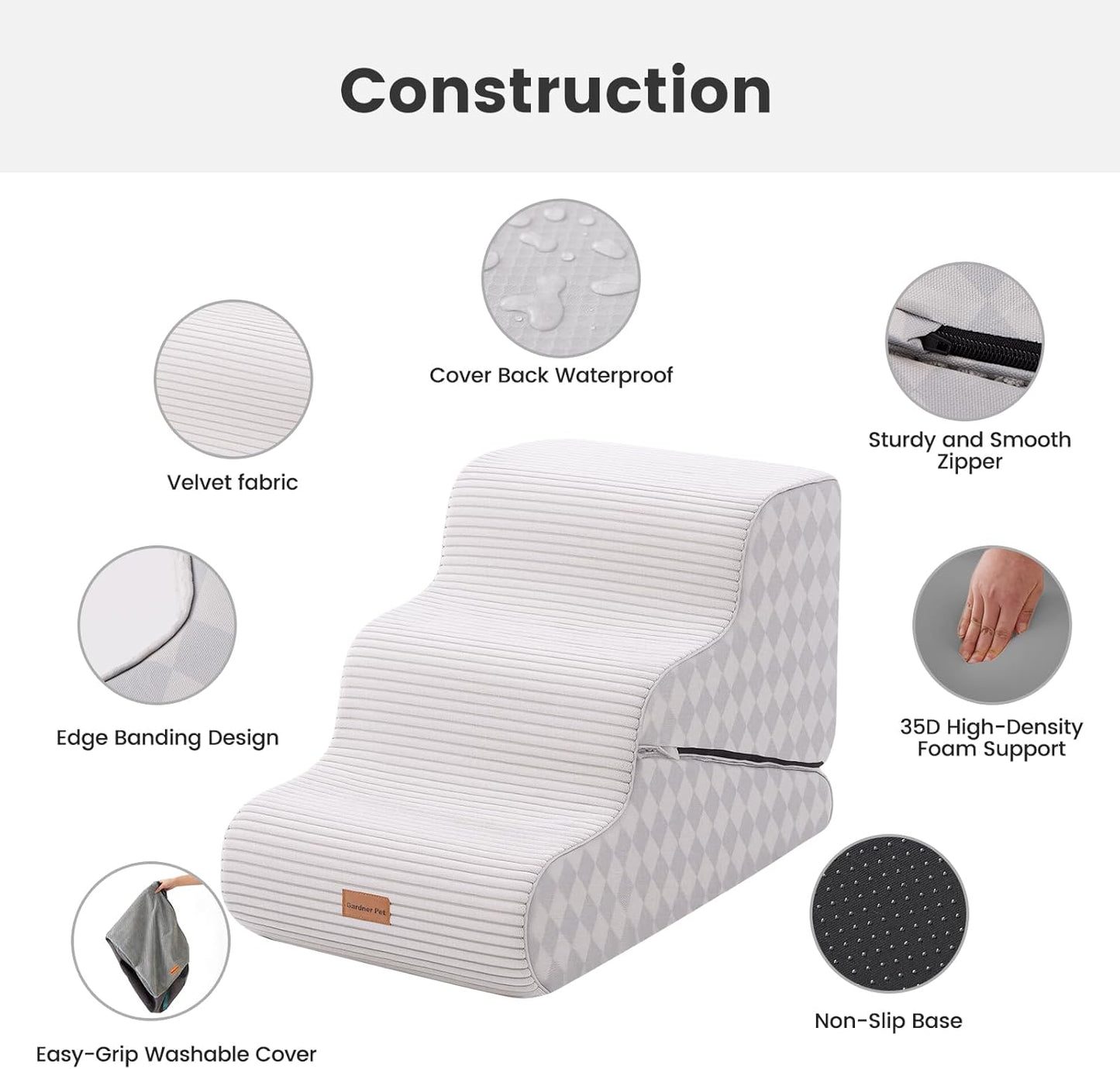 Gardner Pet 4-Step Dog Stairs for Small Dogs 18.5" H, Curved 4-Step Pet Stairs, Dog Steps for High Bed (18-20 in), Couch with Durable Non-Slip Waterproof Fabric Cover and CertiPUR-US Certified Foam