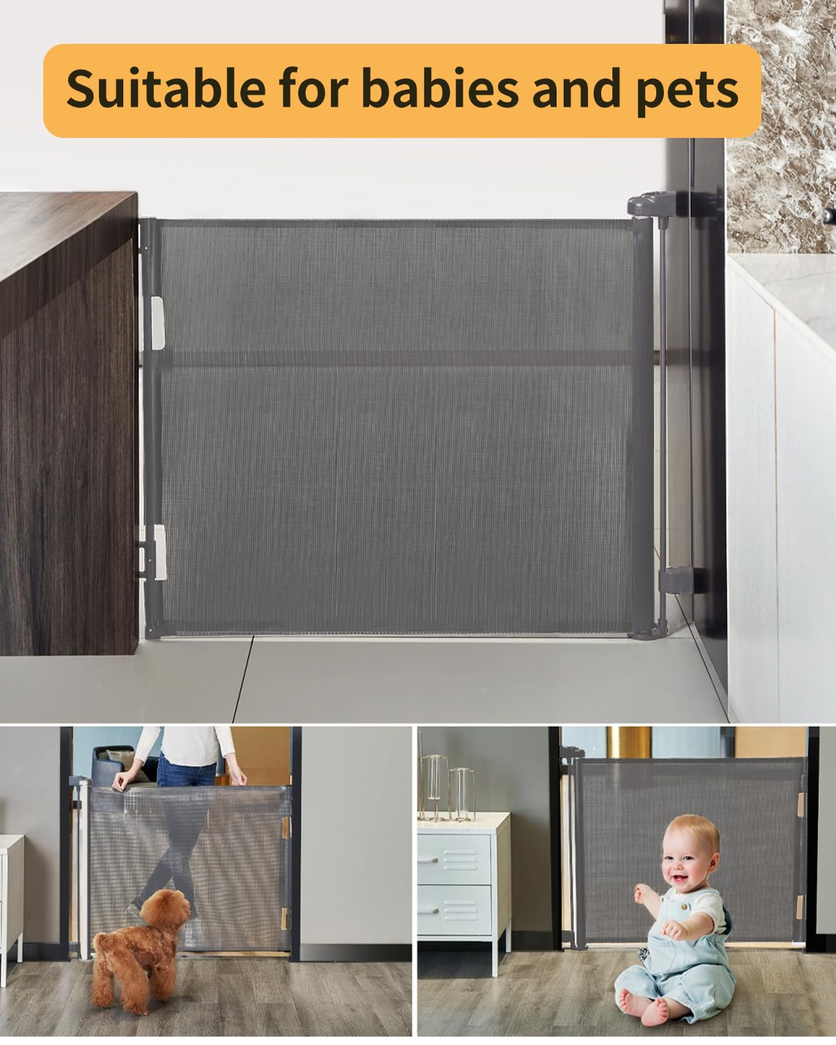 AOURMKOOP Retractable Baby Gate,Mesh Baby Gate or Mesh Dog Gate,33" Tall,Extends up to 55" Wide,Child Safety Gate for Doorways, Stairs, Hallways, Indoor/Outdoor（Black,33"x55"
