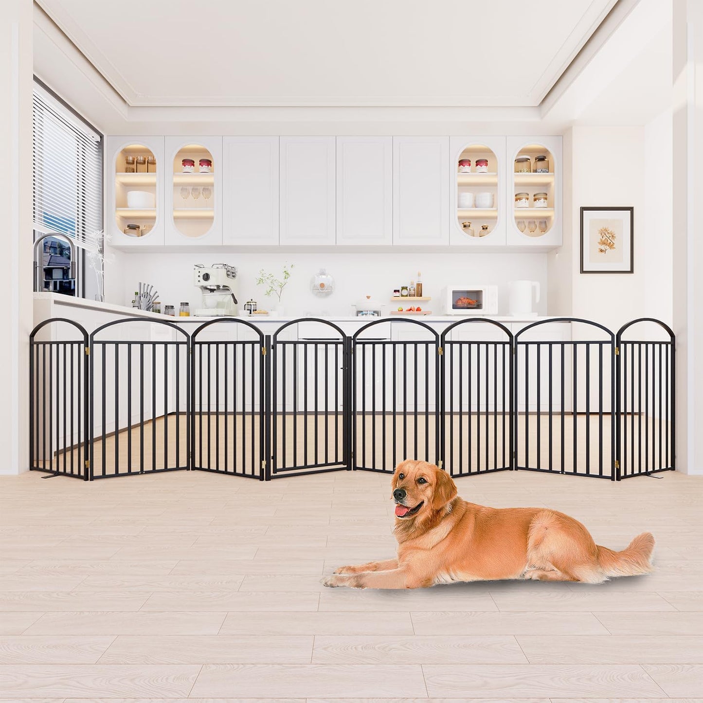 SNUOWU 4 Panels Full Matel Freestanding Dog Gates with Door, 96"Extra Wide 32"Tall Free Standing Dog Pet Gate for Indoor & Outdoor. Foldable Pet Fences for Doorways, House, Stairs, Porch, Deck, Yard