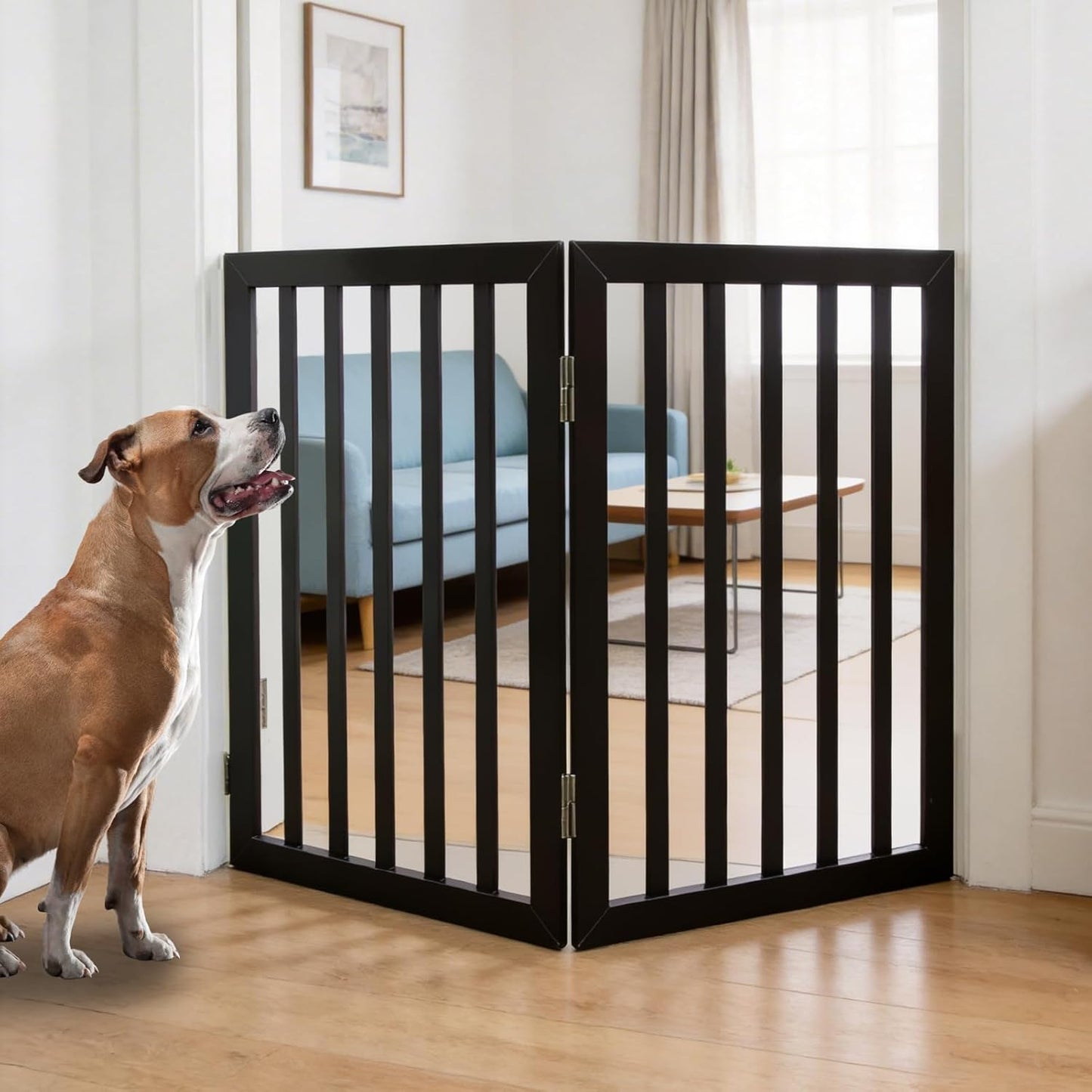 Dog Gate Indoor, Freestanding Dog Fence for The House, Doorways, Hallways,or Stairs,Pet Gate Foldable Wooden,Expandable 24" Height 3 Panels,White