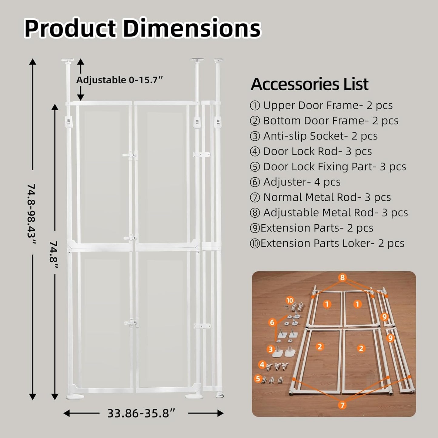 NiceTCU 74.80-98.43'' Extra Tall Cat Gate, Adjustable 33.86-41.34" Wide, Transparent Full Door Pet Gate, Auto Close No Drilling Cat Proof Safety Gate for Doorway Stairs- White