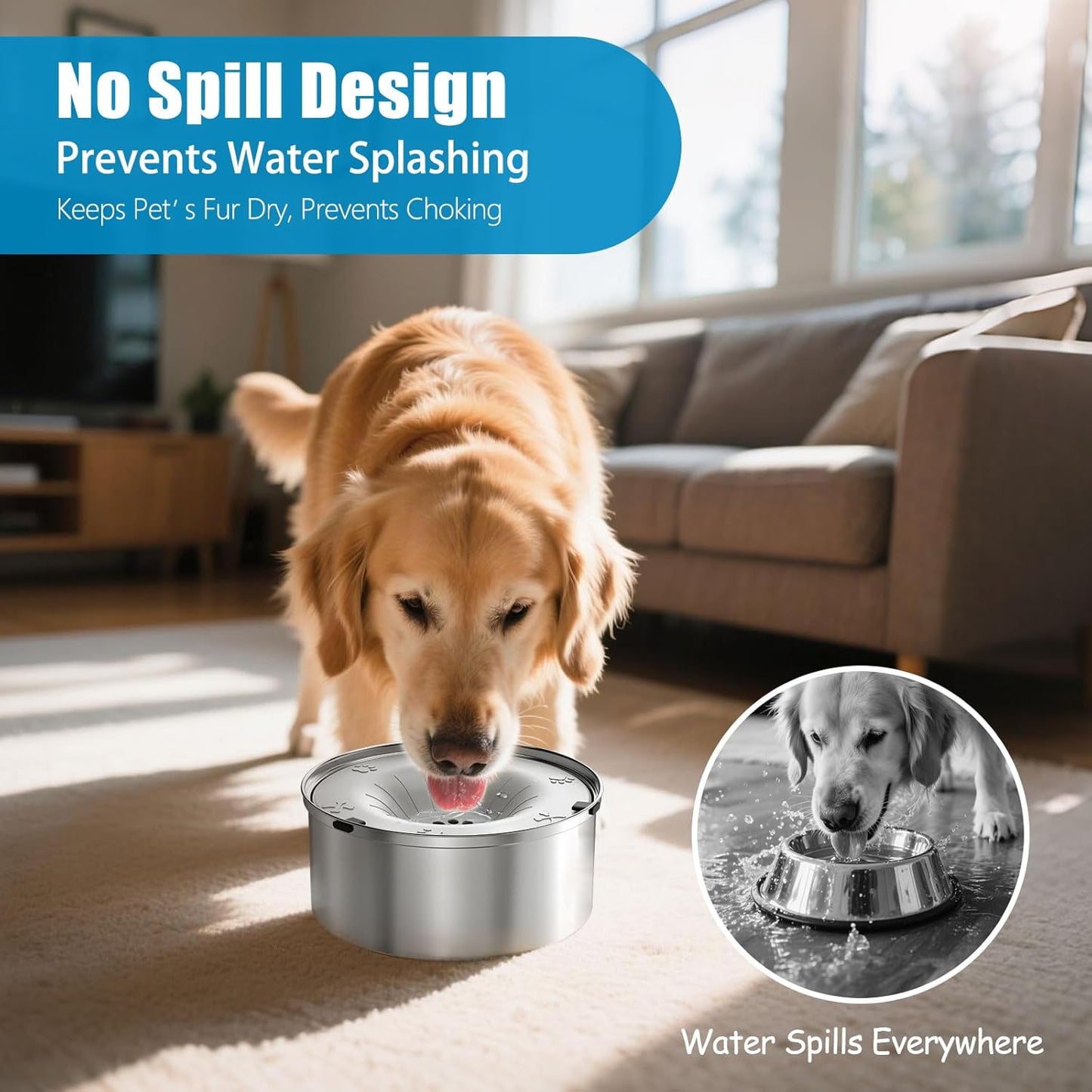 SCHITEC Dog Water Bowl No Spill 1.2L/40oz Slow Drinking Anti-Splash Stainless Steel Dog Bowl with Floating Disk, Spill Proof Pet Travel Water Dispenser for Sloppy Messy Drinkers(Light Gray)