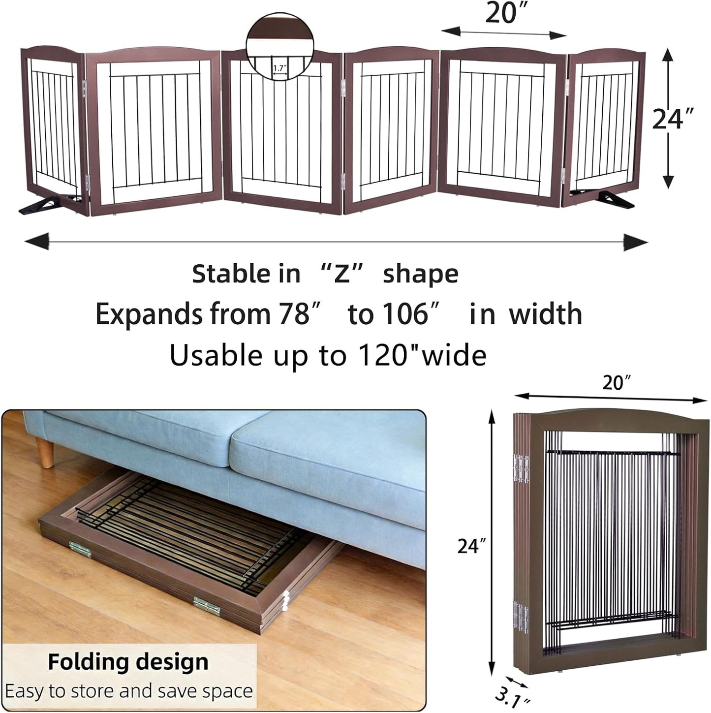 ZJSF Freestanding Dog Fence Indoor, Foldable Dog Gate for Doorways, Stairs or Hallways, Sturdy Wood Extra Wide Pet Gate with Support Feet for The House, White, 24 "Height-3 Panels