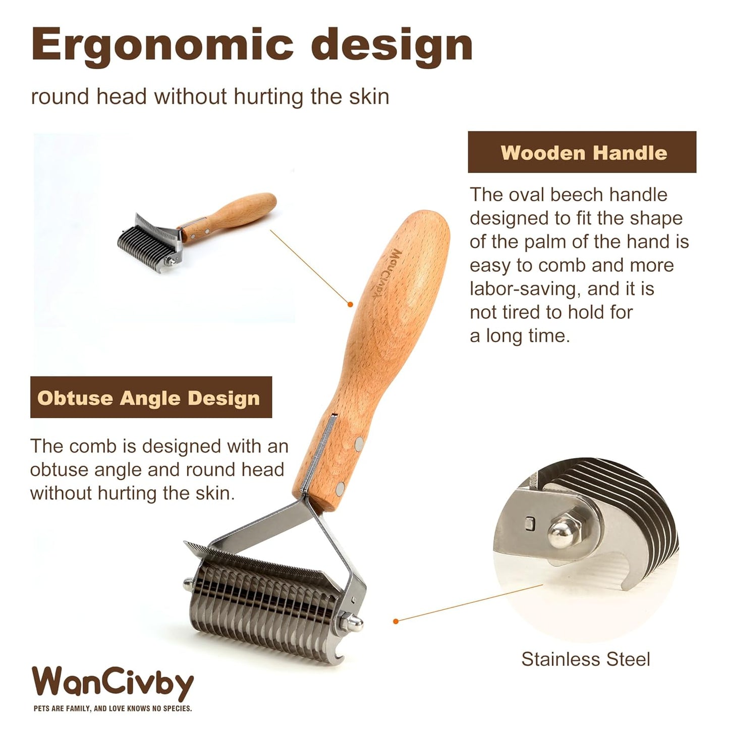 Undercoat Rake Pet Brush with Square Handle, Premium Dematting Comb & Cat Dog Shedding Tool, Efficient Grooming Brush for Detangling Mats & Loose Fur, Ideal for Large Medium Small Dogs and Cats