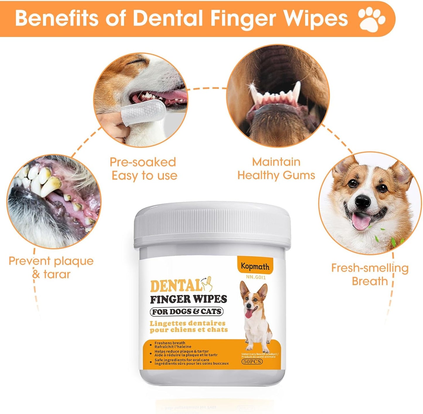 Finger Brushes for Dental Care of Pets, Teeth Cleaning Finger Wipes, Dog Dental Wipes, Reduce Plaque & Tartar, Freshen Breath, Safe & Natural Pet Dental Wipes for Dogs Teeth