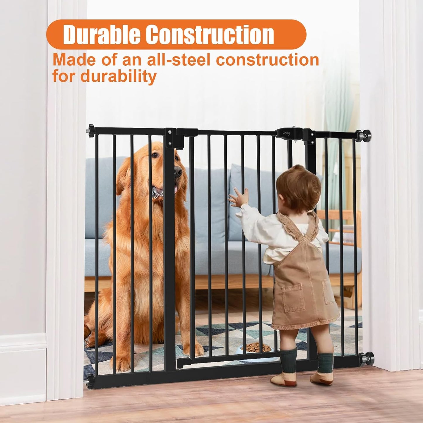keny 29"-42.5" Baby Gate for Stairs, Auto Close Safety Dog Gate, Pressure Mounted Easy Walk Through Pet Gate for Doorways, Durable Stair Gate, 30" Tall, White