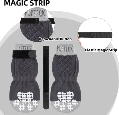 PUPTECK Anti Slip Dog Socks with Double Grippers for Hardwood Floors, Shoes for Hot/Cold Pavement, Boots & Paws Protectors to Prevent Licking, Traction Booties for Senior Small Large Dogs