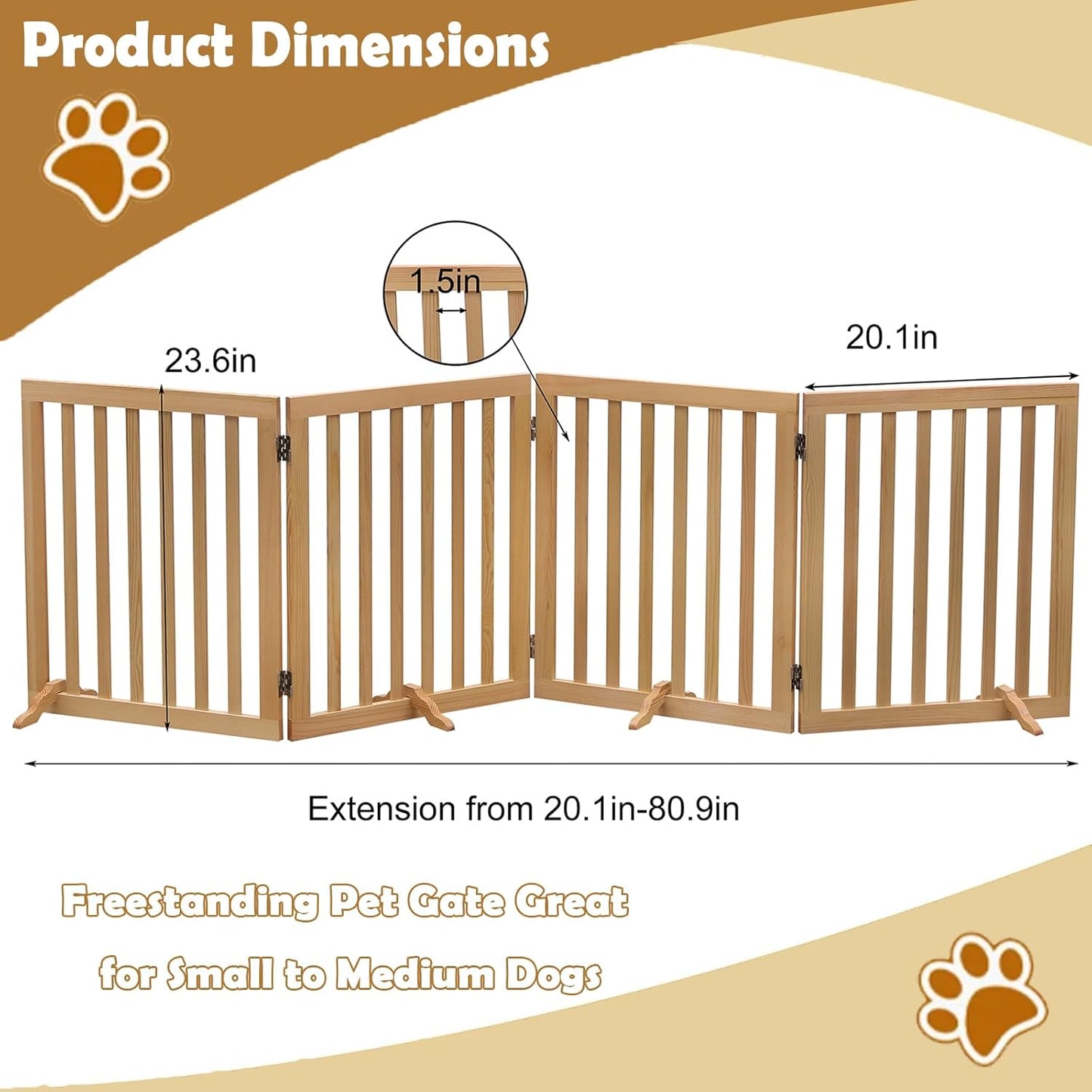 Wooden Foldable Dog Gate Freestanding 4 Panels Puppy Safety Fence 80.9" W x 23.6" H Indoor Pet Barrier for Stairs Hallways Doorways Brown