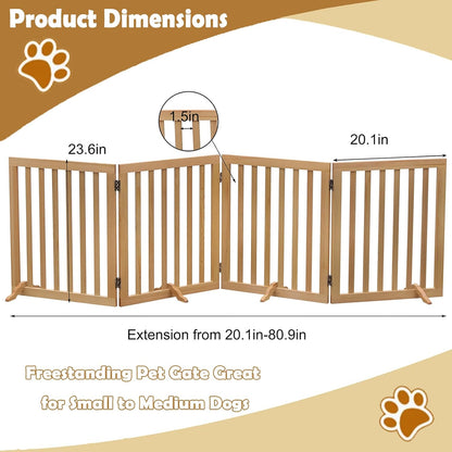 Wooden Foldable Dog Gate Freestanding 4 Panels Puppy Safety Fence 80.9" W x 23.6" H Indoor Pet Barrier for Stairs Hallways Doorways Brown