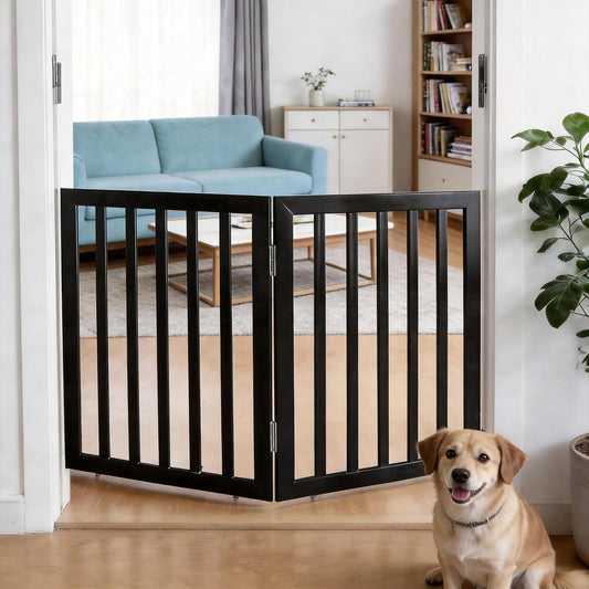 Dog Gate Indoor, Freestanding Dog Fence for The House, Doorways, Hallways,or Stairs,Pet Gate Foldable Wooden,Expandable 24" Height 3 Panels,White