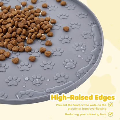 Silicone Pet Food Mat, Dog Dish Mat, Dog Cat Food Mats Small, Silicone Mats for Dogs Bowls, Waterproof Non-Slip Dogs Cat Water Bowl Placemat with Raised Edge, Gray