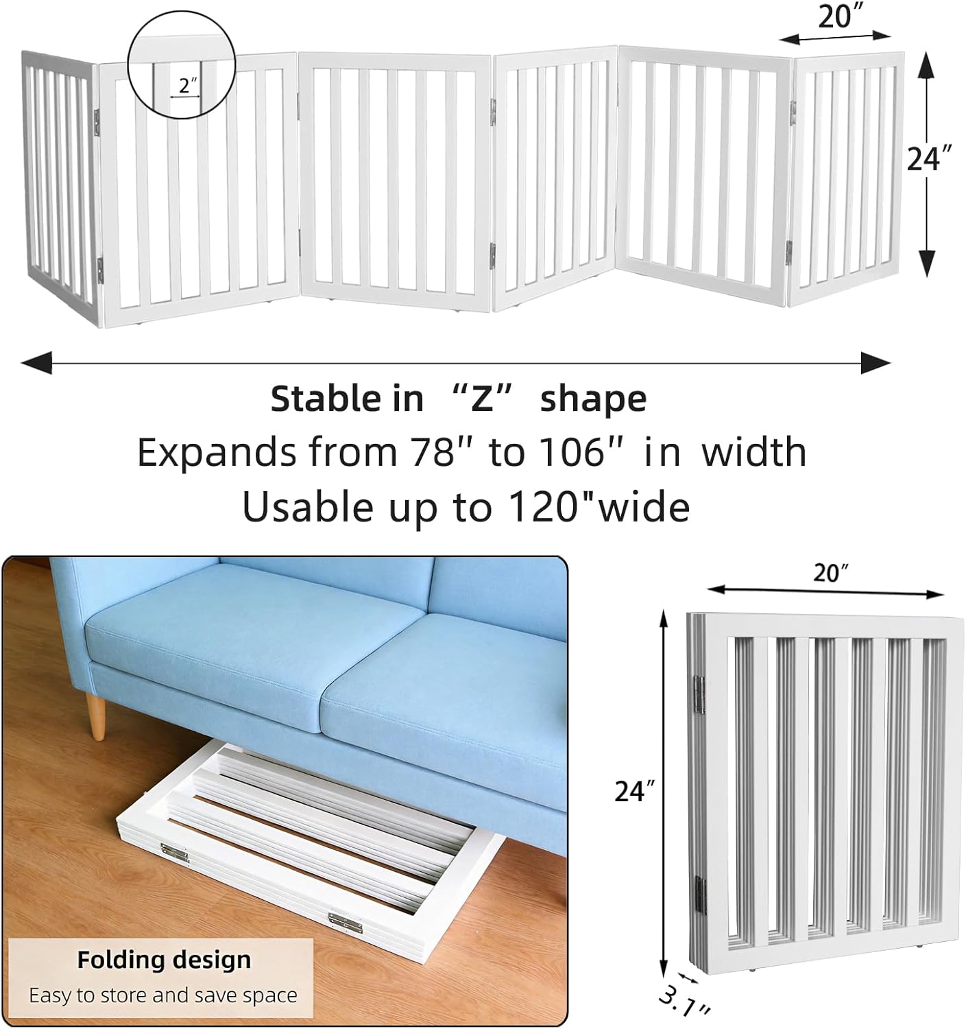 Dog Gate Indoor, Freestanding Dog Fence for The House, Doorways, Hallways,or Stairs,Pet Gate Foldable Wooden,Expandable 24" Height 3 Panels,White