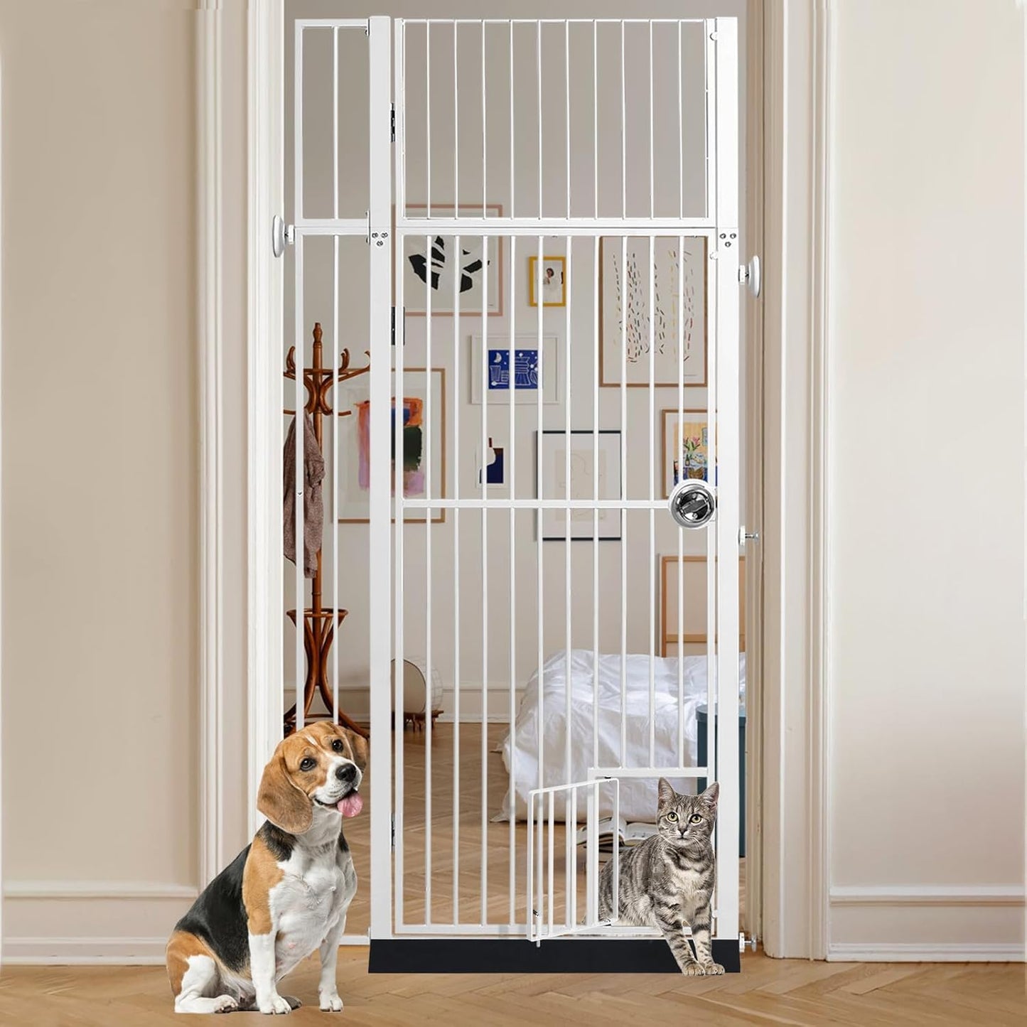 71" Extra Tall Pet Gate with Cat Door, Walk Through Pet Gate Pressure Mounted No Drilling, 28.7"-37.5" Wide, Auto Close Metal Safety Barrier for Stairs Hallway House, White