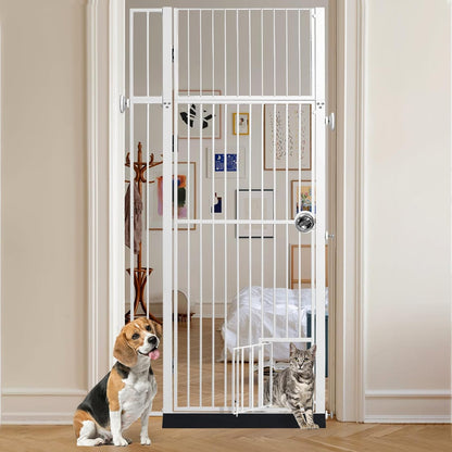 71" Extra Tall Pet Gate with Cat Door, Walk Through Pet Gate Pressure Mounted No Drilling, 28.7"-37.5" Wide, Auto Close Metal Safety Barrier for Stairs Hallway House, White
