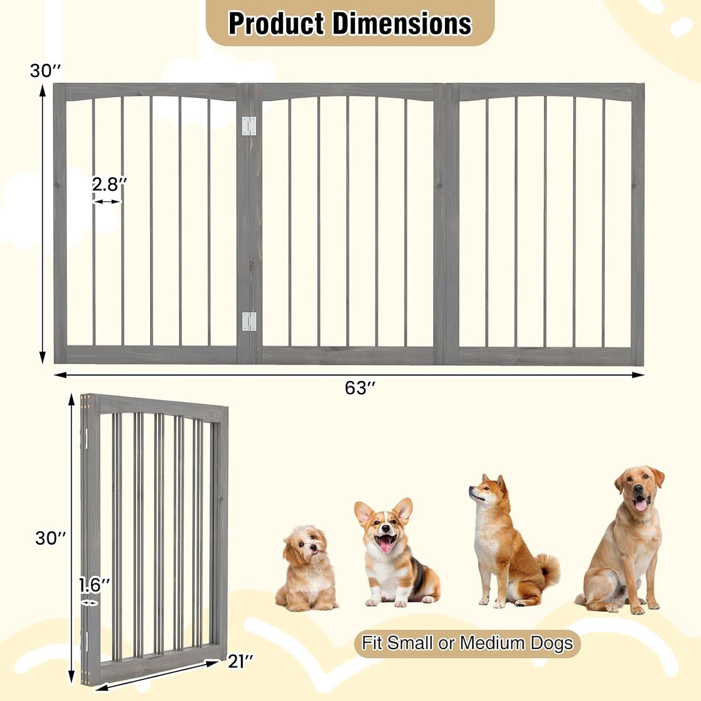 PETSITE 3-Panel Foldable Dog Gate Indoor, 30 Inch Height Wooden Freestanding Pet Fence for Stairs, Hallways, and Doorways, Ideal for Small Sized Pets (Grey)
