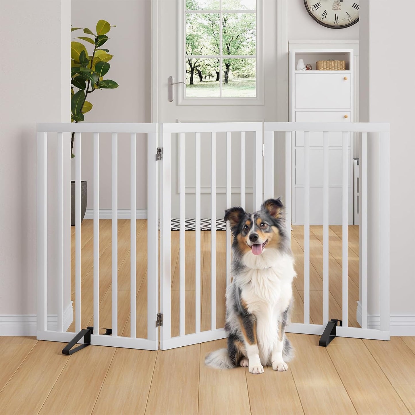 Freestanding Dog Gates Indoor, 3-Panel Pet Gates with 2 Metal Stands and 360° Hinge, 24" H Foldable Dog Gate for Stairs, Doorway, Kitchen, Expands Up to 55" Fully Assembled - Black Walnut
