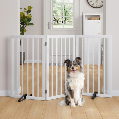 Freestanding Dog Gates Indoor, 3-Panel Pet Gates with 2 Metal Stands and 360° Hinge, 24" H Foldable Dog Gate for Stairs, Doorway, Kitchen, Expands Up to 55" Fully Assembled - Black Walnut