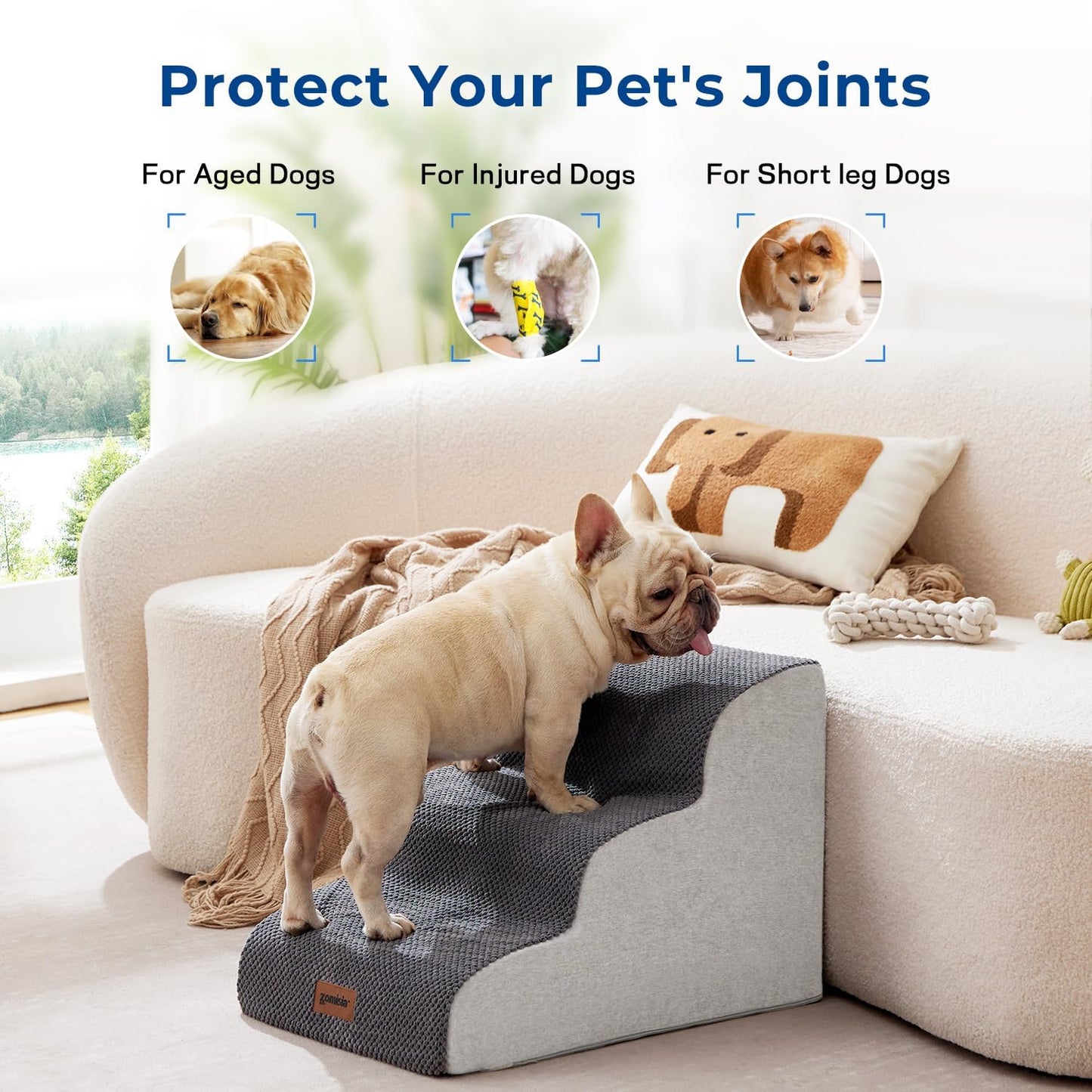 ZOMISIA Dog Stairs Ramp for High Beds Up to 25" - 5 Step Pet Stairs for Small to Large Dogs, 35D Foam Dog Steps for Couch with Non-Slip Bottom Grey