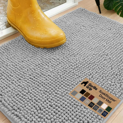 GORILLA GRIP SoakSTOPPER Dog Door Mat, 30x20 Machine Washable Rug Absorbent Doormat Captures Moisture Mud Dirt, Quick Dry Soft Chenille Entryway Rugs Indoor Entrance Mats for Dog Paws, Paw Grey