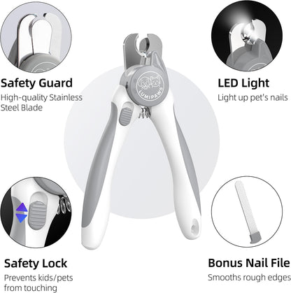 Dog Nail Clippers with LED Light | Illuminates Bloodline for Safe Trimming | 2 in 1 Professional Dog Nail Clipper with Safety Guard & Nail File for Medium to Large Dogs & Cats - Easy Grooming