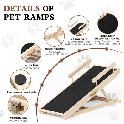 Dog Ramp for High Bed, Couch, Car, Pet Ramps 55.12" Long Adjustable 19.3"-27.17" Wooden Dog Step with Anti-slip Rubber Mat & Safety Side Rails for Small Medium Large Older Pets, up to 250 lbs