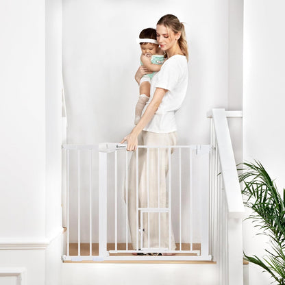 COMOMY Auto Close Baby Gate with Cat Door, 29.5"-40.5" Extra Wide Dog Gate for House Doorways Stairs, Pressure Mounted Easy Walk Thru Pet Gate, Includes 4 Wall Cups and 2 Extension Pieces, Black