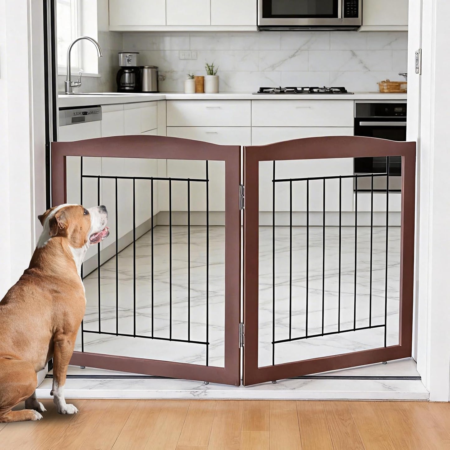 ZJSF Freestanding Foldable Dog Gate for House Extra Wide Wooden White Indoor Puppy Gate Stairs Doorways Pet Gate Tall Dog Fence 3 Panels Fence