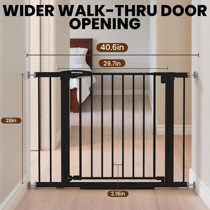 Baby Gate for Stairs, 29.7-40.6" Auto Close Dog Gate Indoor for Doorways, Dual-Lock Design, Adjustable Pet Gate No Drilling with Walk Thru Door for Hallways, Stroller Friendly, Black