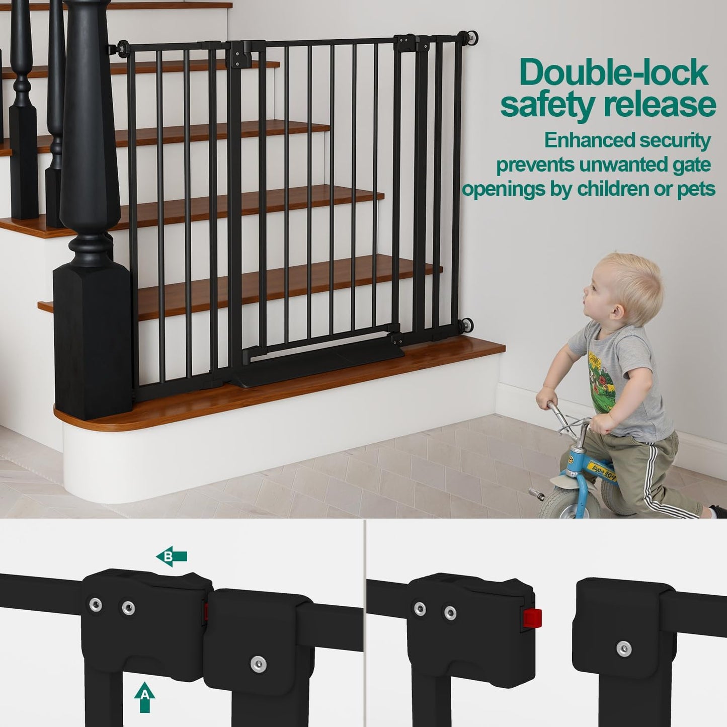Miumoon 29.7-46" Baby Gate for Stairs with Banister Adapter Y-Spindle Rods, 30.5" Tall, Easy-Install Pressure Mounted Baby Gate for Doorways, Auto-Close Dog Gate Indoor for Child and Pets
