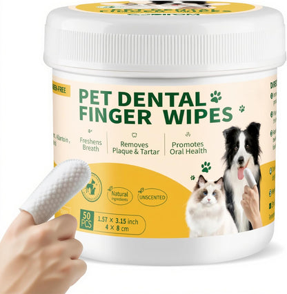 GLADFRESIT Dental Care Finger Wipes 50 Counts –Disposable Wipes for Dogs & Cats, Plaque & Tartar, Fresh Breath & Gum Health，All Natural Dog Toothbrush & Tooth Brushing Kit（Unscented）