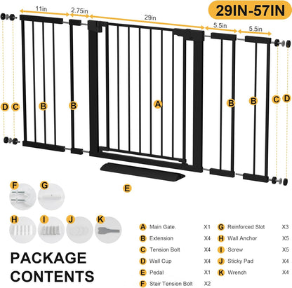 29-42 inches Metal Baby Gate for Stairs/Doorways, 30 inches Tall Pressure Mounted Pet Gates, Auto-Close Child Safety Gate, No Drilling Easy Walk-Through Dog Gate Indoor, Black