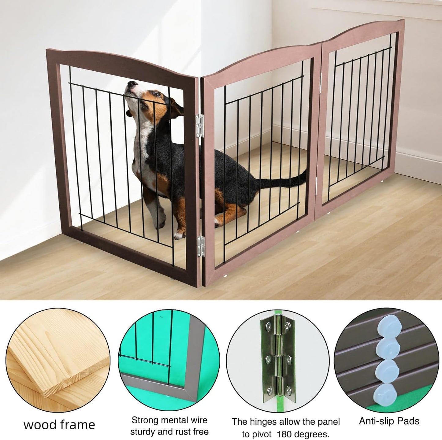 ZJSF Freestanding Foldable Dog Gate for House Extra Wide Wooden Brown Puppy Gate Stairs Dog Gates Doorways Tall Pet Gate 24 "Height 3 Panels Pet Fence