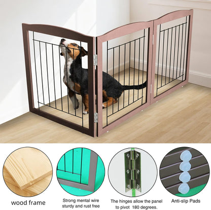 ZJSF Freestanding Foldable Dog Gate for House Extra Wide Wooden Brown Puppy Gate Stairs Dog Gates Doorways Tall Pet Gate 24 "Height 3 Panels Pet Fence